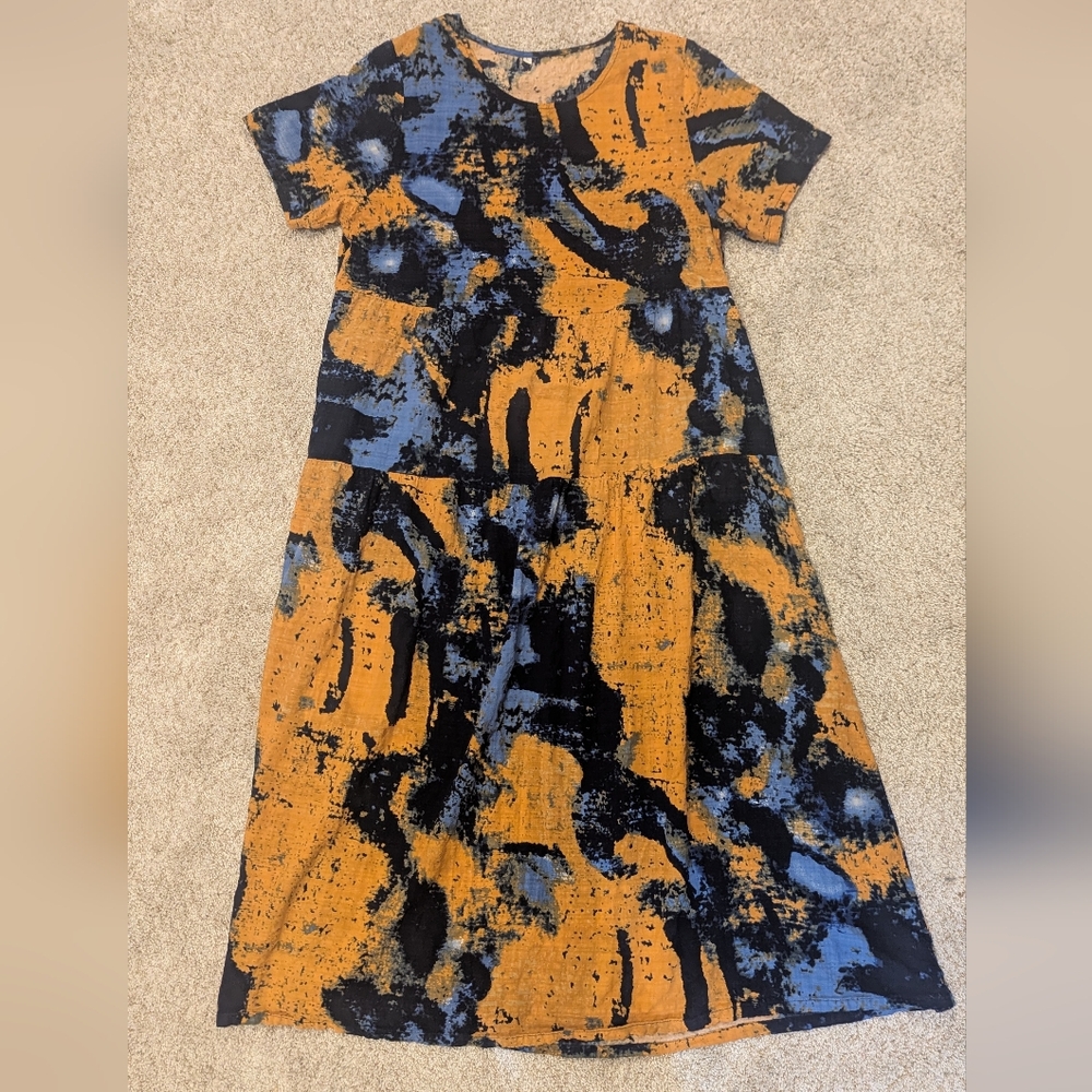 Boho Boxy Abstract Midi Dress with Invisible Pockets Sz Large EUC